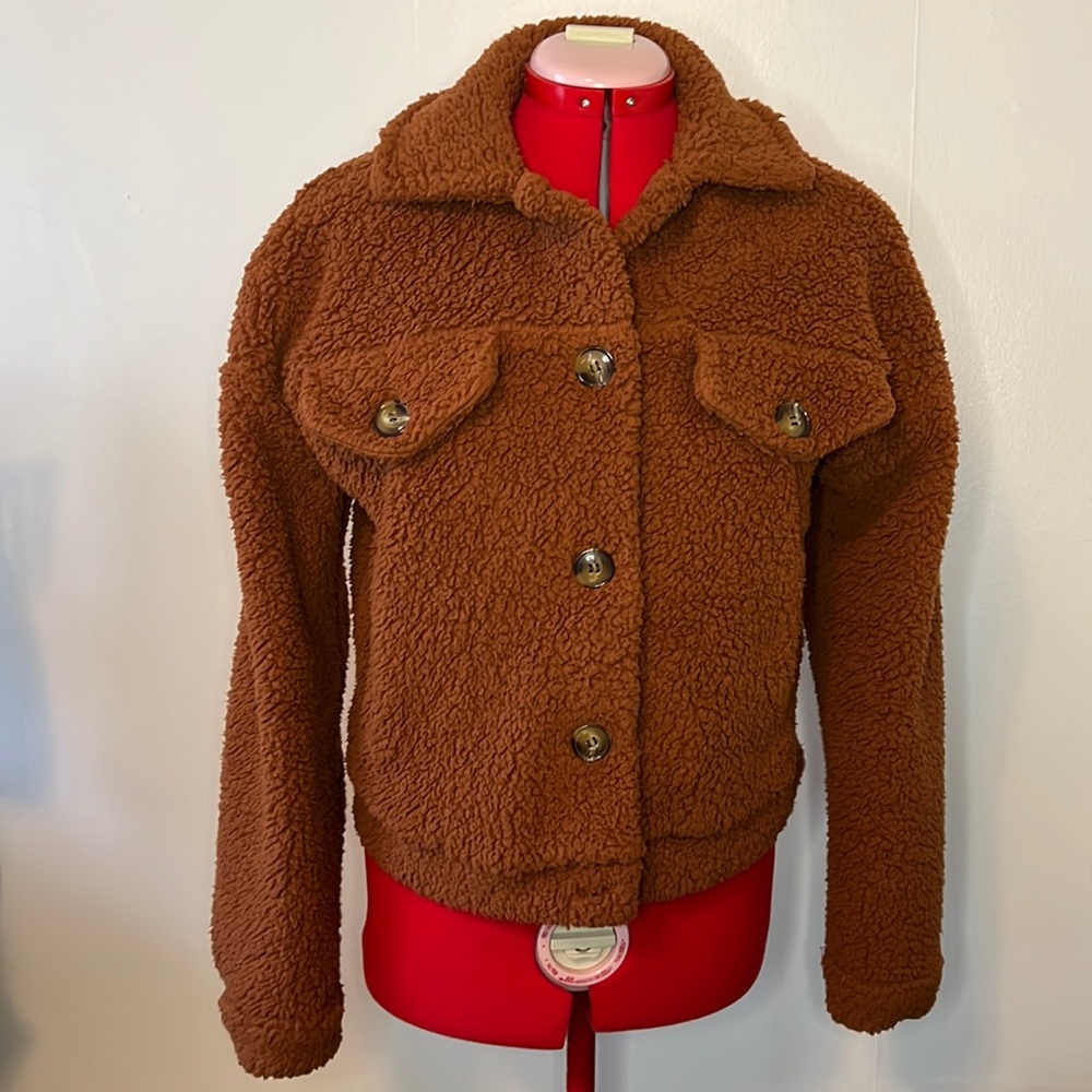 Brown waist length button up sherpa jacket